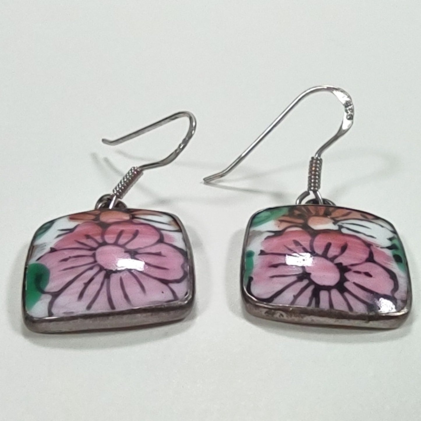 Vintage Ming Dynasty Porcelain Pink Floral Sterling Silver Fishhook Earrings