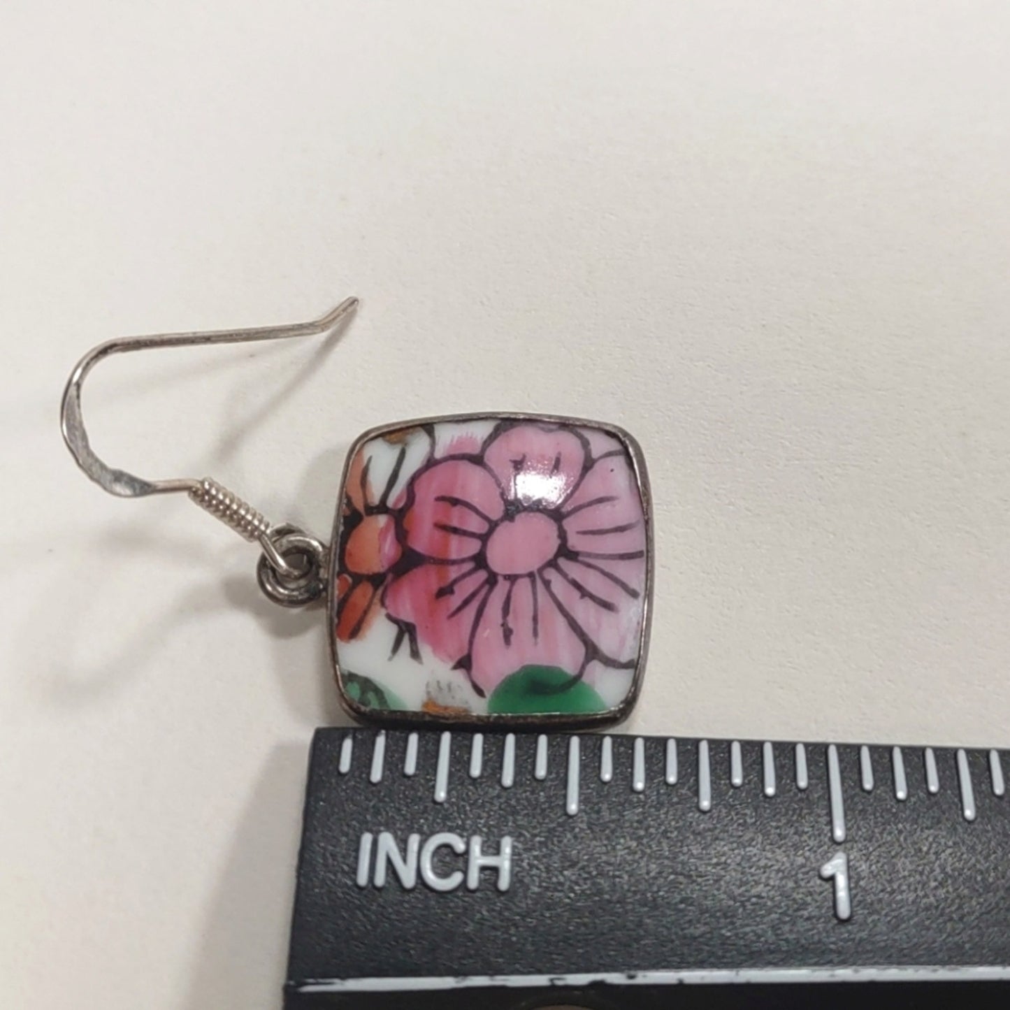 Vintage Ming Dynasty Porcelain Pink Floral Sterling Silver Fishhook Earrings