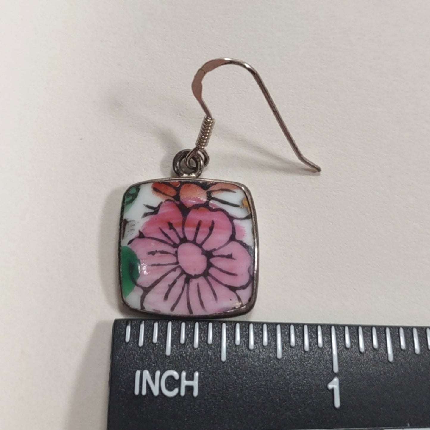 Vintage Ming Dynasty Porcelain Pink Floral Sterling Silver Fishhook Earrings