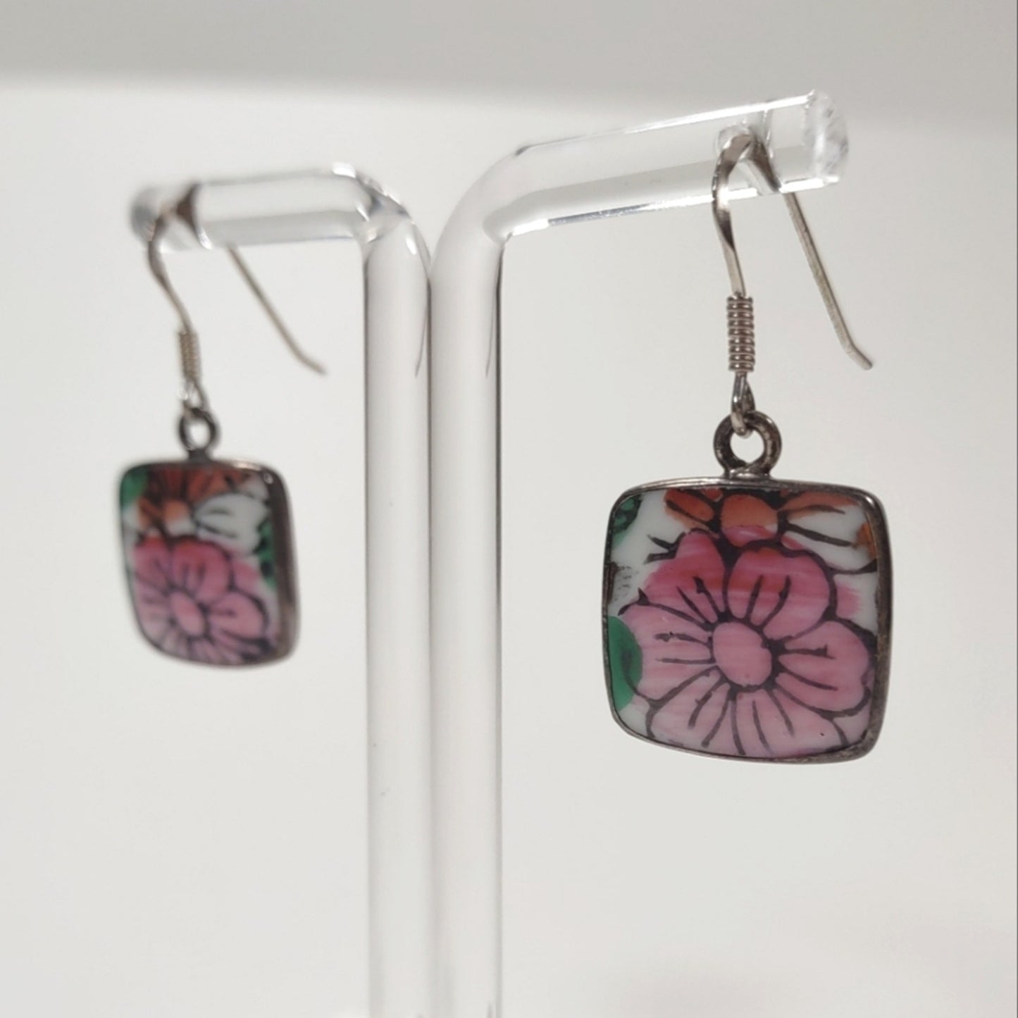 Vintage Ming Dynasty Porcelain Pink Floral Sterling Silver Fishhook Earrings