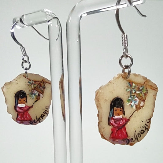 Vintage Ted Degrazia Bell Of Hope Hand Painted  Resin Fishhook Post Earrings